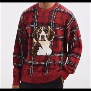 Mens Urban Outfitters Tartan Crew Neck Sweater Red Plaid Dog Beagle Hound